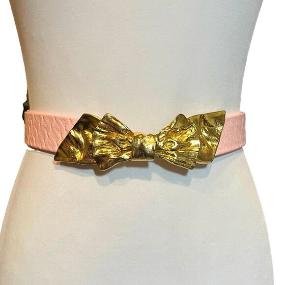 Vintage Accessories - Vintage 1980s Gold Tone Bow Belt Buckle w/ Pink Leather Belt 1986 Statement glam